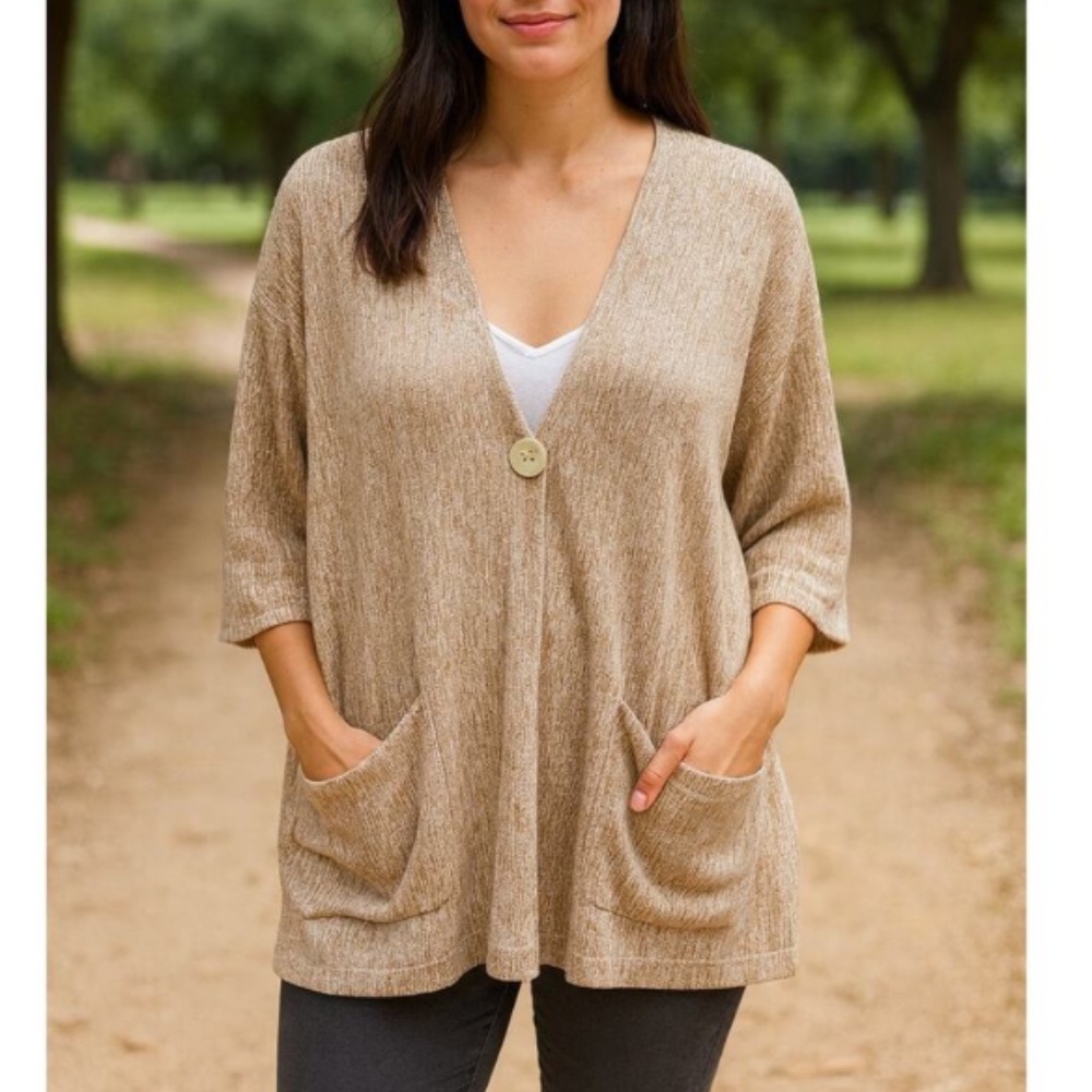 J. Jill Tan and White Knit Open Front Top, Size Small
